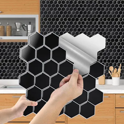 Produktbild von Vigevee Fliesenaufkleber 30x30cm Fliesen-Folie 10er-Set Deko selbstklebende Klebefliesen Schwarz für Küche Bad Wohnzimmer Zimmer