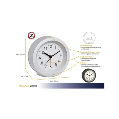An analog alarm clock with feature callouts and dimensions.