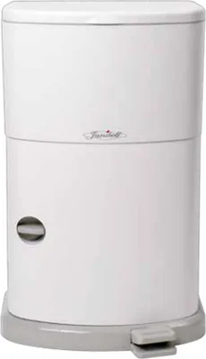 A white diaper pail with a gray base and pedal.