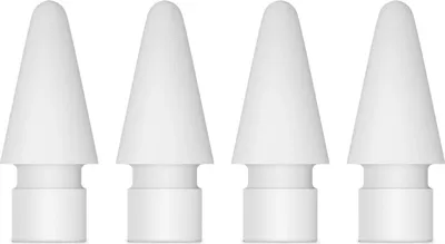 Four white Apple Pencil tips are arranged in a row against a white background.