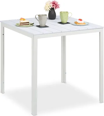 Produktbild von Relaxdays Gartentisch Holzoptik, Balkontisch wetterfest, HBT: 74,5 x 78 x 78 cm, Kunststoff & Stahl, Outdoortisch, weiß