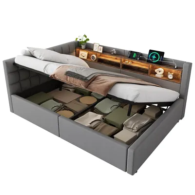 Produktbild von Polsterbett mit LED-Streifen, Lattenrost, Regal, Aufbewahrung, Type-C und USB, gepolsterter Kopfteil, 140x200 cm, Schlafsofa, Tagesbett, Leinen