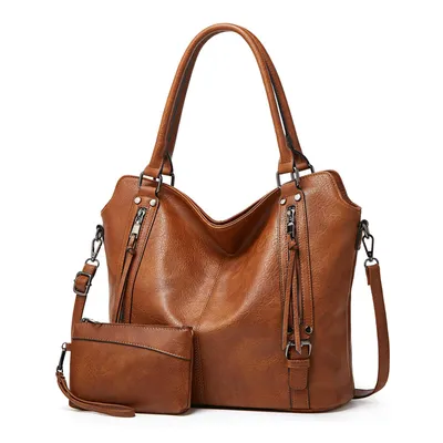Produktbild von Handtasche Damen Schultertasche Groß Shopper Vegan Handtasche Umhängetasche Geldbörse Damen Taschen 2-Tlg (Dunkelbraun)