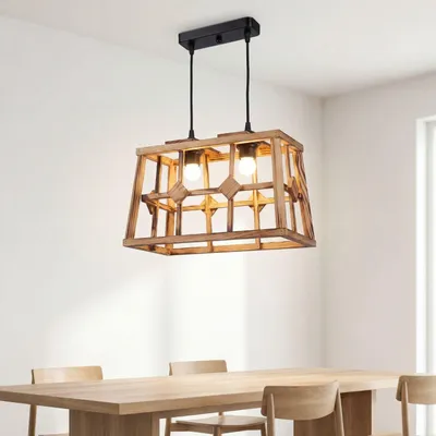 Produktbild von Hängelampe Holz Metall E27 H: max. 115 cm Schwarz geflammtes 2-flammig länglich Modern Pendelleuchte