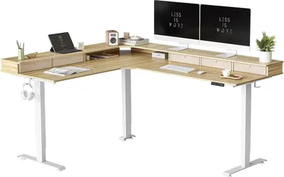 Image de Fezibo Bureau en L à trois moteurs Réglable en hauteur électrique 190 x 160 cm - Blanc/Nature