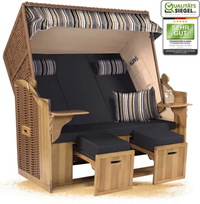 Produktbild von Strandkorb Ostsee 2,5-Sitzer 150cm breit in Beige Anthrazit Oliv Grau Weiß Gestreift Montiert ideal für Balkon, Terrasse oder Garten