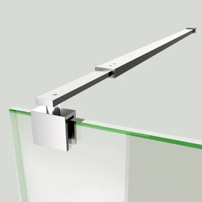A close-up of a metal support rod attached to a glass panel.