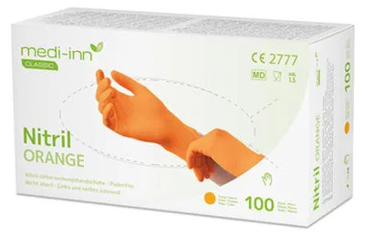 Produktbild von "Medi-Inn® Classic" Handschuhe, Nitril puderfrei orange "Nitril Orange" Größe XL