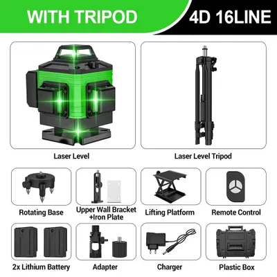 Obrázok produktu pre 4D laserový projektor – 16 zelených laserových lúč – automatická nivelácia do uhla 4° – dosah 19,8 m – laserová trieda 2 – s statívom a plastovým kufríkom