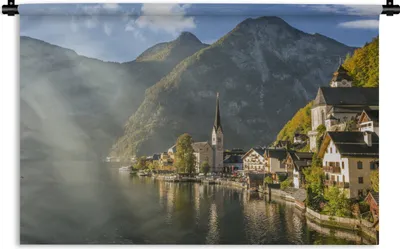 Produktbild von MuchoWow® Wandteppich Wandbehang Die Sonne scheint auf Hallstatt in Österreich 120x80 cm Tapisserie Dekoration Wandtuch - Wanddekorationen - Wandtücher