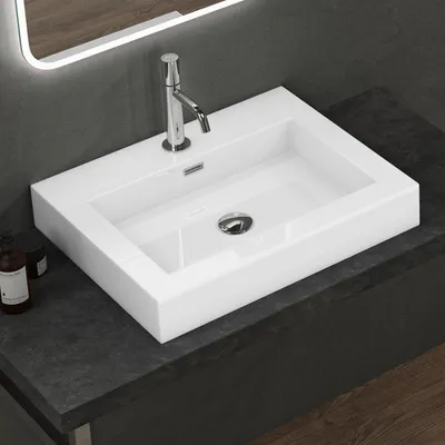 Immagine prodotto di doporro Lavabo da Appoggio Rettangolare, Lavabo Bagno Sospeso con Foro Rubinetto e Troppopieno in Marmo Resina Bianco Lucido, Lavandino Bagno 60x48x10cm Colossum18
