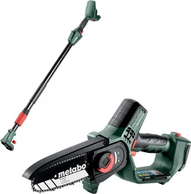 A Metabo telescopic chainsaw and its detachable power unit are displayed against a white background.