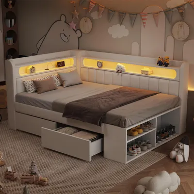 Image de Canapé-lit Flieks 90 x 200 cm avec port USB, lit de jour pour adolescent avec éclairage LED, lit simple en bois avec tiroirs et étagère à chaussures, lit d'enfant blanc