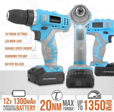 Image de Visseuse-perceuse - Perceuse sans fil 12V avec kit d'accessoires de 50 pièces et éclairage LED - Bleu