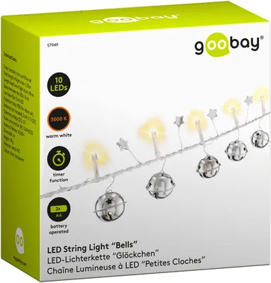 LED-Lichtsnoer 1,3 m, 10 warmweiße LEDs, Glocken & Sterne, Timer