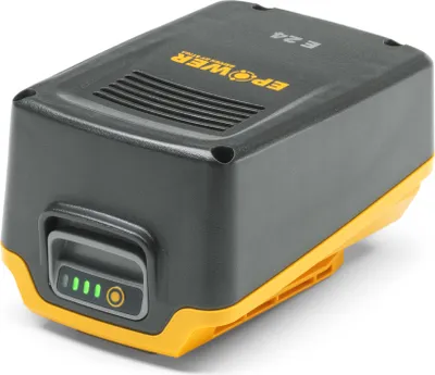 A black and yellow battery pack with a charge indicator.