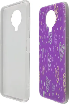 A transparent phone case and a purple phone case with a heart pattern are displayed side-by-side on a white background.