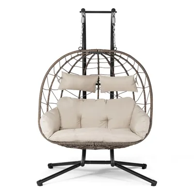 Zdjęcie produktu dla Fotel wiszący Aria 51406, podwójny, polirattan, z ramą i poduszką, 130 x 127 x 197 cm