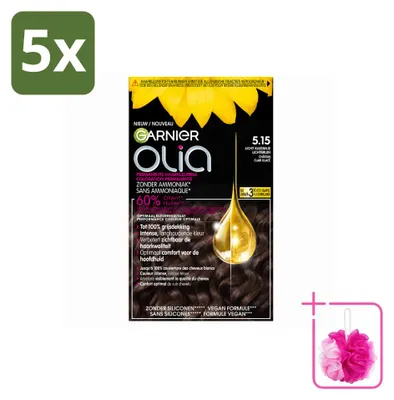 Imagen del producto de 5 tintes para el cabello Garnier Olia 5.15, color castaño claro, sin amoníaco, pack ahorro, 5 unidades