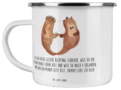 Produktbild von Mr. & Mrs. Panda Haferl 4. Hochzeitstag Seidenhochzeit - Weiß - Geschenk, Geschenke, Jubiläum, Heirat, Kaffeepott, Emaille Tasse, gemeinsamer Weg, Teetasse, Pott, becher