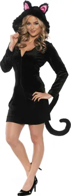 A woman is modeling a black cat costume.