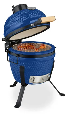 Obrázok produktu pre Relaxdays Kamado gril, Ø 32 cm, keramický gril s teplomerom do 450 °C, grilovanie, varenie a pečenie, udírna, modrý