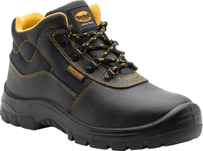 A black Dockers safety boot with yellow stitching and laces, shown against a white background.