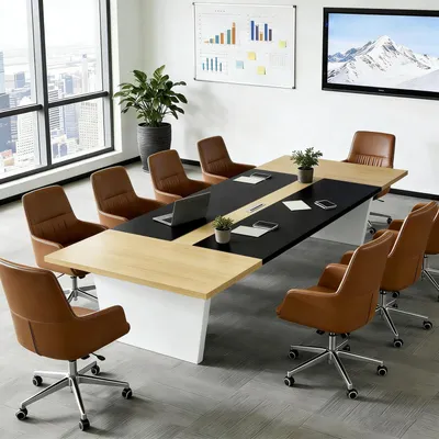 Zdjęcie produktu dla Stół konferencyjny do biura, wymiary 180x100x74 cm, kolor czarny/biały, grubość blatu 2,5 cm