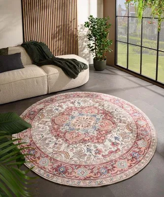 Image de Tapis d'extérieur rond Unyqoos® Valenca Fino – crème/rouge, diamètre 200 cm | Design vintage, tissu 3D, lavable, pour intérieur et extérieur
