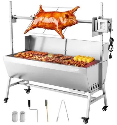 Image de VEVOR Gril à broche rotatif 38 W Gril à cochon de lait Gril à agneau Gril à charbon de bois (1218 mm de longueur de gril) avec 60 kg de capacité de charge & roues & réglage en hauteur sur 4 positions & tôle de protection, kit de gril électrique pour le camping
