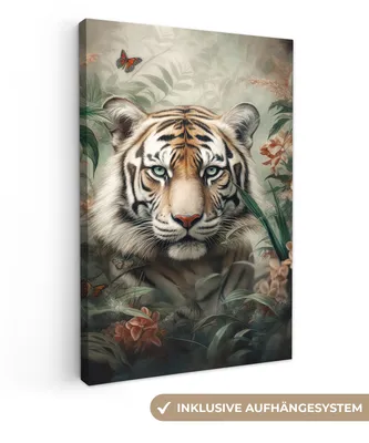 Produktbild von MuchoWow® - Leinwandbilder - Tiger - Schmetterlinge - Tiere - Dschungel - Blumen, Wandbild, Wanddeko Bilder Wohnzimmer, 40x60 cm