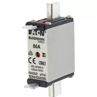Produktbild von Eaton Sicherungseinsatz, Niederspannung, 50 A, AC 500 V, 120 kA, NH000, gL/gG, IEC, Doppelkennmelder, isolierte Grifflasche 50NHG000BI