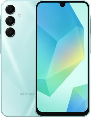 A light green Samsung smartphone is shown from the back and front.