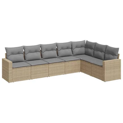 Produktbild von 7-tlg. Garten-Lounge-Set, modular, aus UV-beständigem Poly Rattan, Beige, mit Stauraum, wasserabweisendem Beutel, hellgrauen Kissen