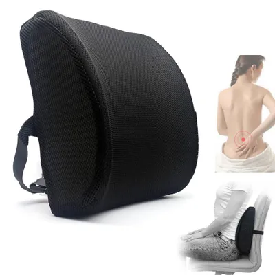 Produktbild von Rückenkissen – 32 x 34 cm – Lendenstütze mit Gurt – Ergonomisches Sitzkissen – Rückenstützkissen – Memory-Schaum – für Bürostuhl, Auto – Schwarz