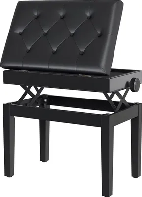Produktbild von Klavierbank / Sitzbank – Höhenverstellbar, mit Stauraum, Holzbeine, Kunstlederbezug, belastbar bis 200 kg, Maße: 54,5 × 33 × 48–58 cm, Farbe: Schwarz.