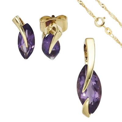 Produktbild von JOBO Schmuck-Set 585 Gold Gelbgold 3 Amethyste lila violett Ohrringe und Kette 42 cm