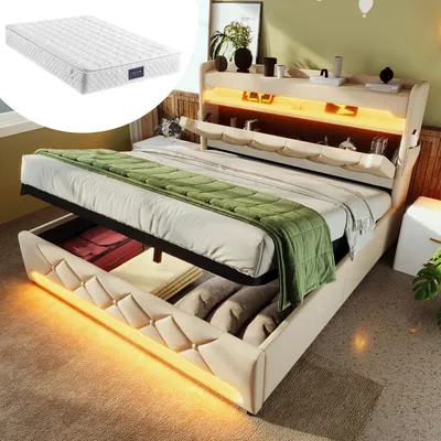 Immagine prodotto di Letto imbottito matrimoniale 140 x 200, Testata contenitore con porta USB e tipo C ,Letti a LED con contenitore idraulico, Beige, Con materasso