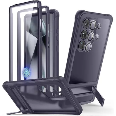 Productafbeelding van Beschermhoes voor de Samsung Galaxy S24 Ultra met voorframe en 3 standen voor het gebruik als standaard, in de kleur ijsblauw