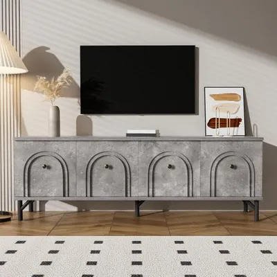 Produktbild von AIORBER Modernes TV-Lowboard mit 4 Türen, Soft-Close-Scharnieren und 3D-Bogenfront, 160 cm Medienkonsole für Wohnbereich – Grau