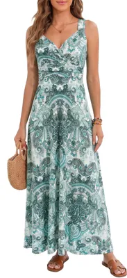 Image de Robe longue d'été pour femmes - Décolleté en V et motif floral - Vert clair
