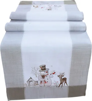 Produktbild von Tischwäsche mit Stickerei Schneemann Winterdekoration 40 x 140 cm - hellgrau
