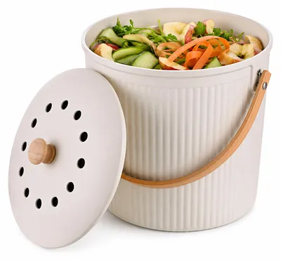Produktbild von Relaxdays Komposteimer Küche, 5,6 Liter, 2 Aktivkohlefilter, Deckel, Bambus-Henkel, Polyresin, Biomüllbehälter, weiß