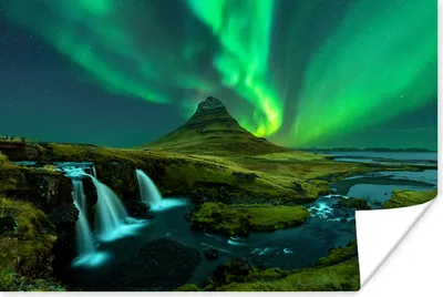 Produktbild von MuchoWow® Poster Nordlichter - Wasserfall - Berg - Island 90x60 cm - Schlafzimmer