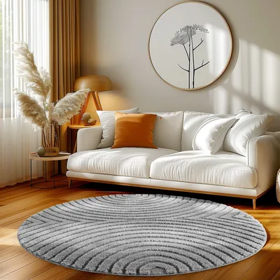 Produktbild von Homebyhome Hochflor Teppich Wohnzimmer Skandinavische Boho Design 3D Optik Teppich Shaggy Flauschig Weich, Grösse: 200 cm Rund