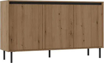 A three-door sideboard with a ribbed wood-effect front and black legs and top trim, presented against a white background.