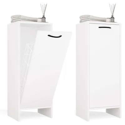 A white bathroom cabinet with its door open, showing a laundry basket inside, and the same cabinet with its door closed.