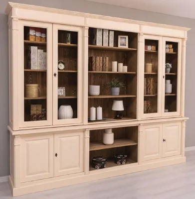 Produktbild von Casa Padrino Landhausstil Wohnzimmerschrank Cremefarben / Braun 286 x 51 x H. 228 cm - Massivholz Schrank - Bücherschrank - Regalschrank - Landhausstil Möbel