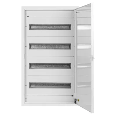 An open white metal electrical distribution box with multiple rows of slots for modules.