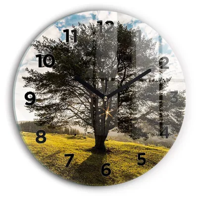 Produktbild von Wallfluent Wanduhr – Stilles Quarzuhrwerk - Uhr Dekoration Wohnzimmer Schlafzimmer Küche - Zifferblatt - schwarze Zeiger - 30 cm - Baum auf einem Hügel